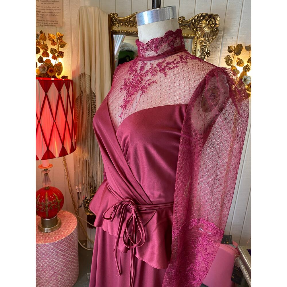 vintage 1970s maroon peplum maxi dress, embroidered net lace, wednesday, med 28 - Picture 5 of 10